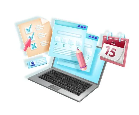 Online exam, vector web test e-learning illustration, laptop screen, pencil Stock Illustration