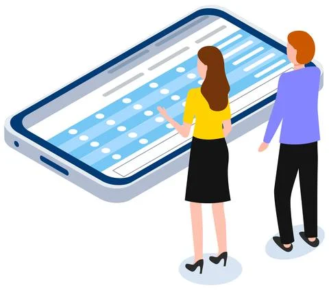 Online exam writing app. Application for studying. People look at smartphone Illustrazione stock