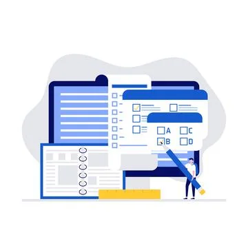 Online examination platform vector illustration concept with big computer a.. Stock Illustration