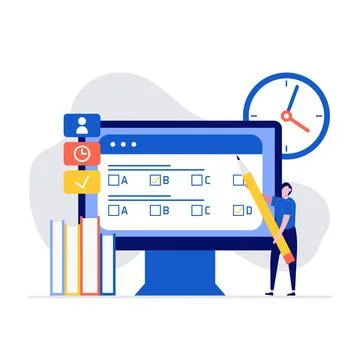 Online examination platform vector illustration concept with big computer a.. Stock Illustration