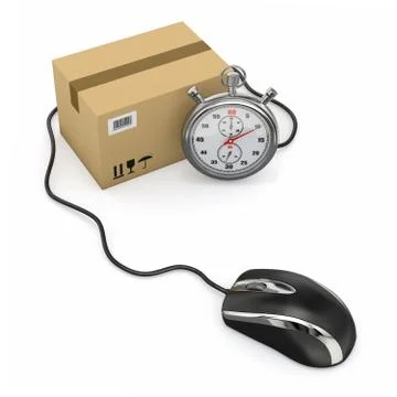 Online express delivery. mouse, stopwatch and package. 3d Stock Illustration