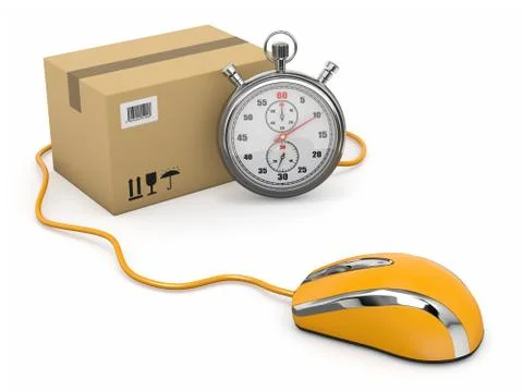 Online express delivery. mouse, stopwatch and package. 3d Illustration