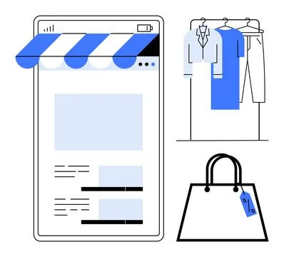 Online Fashion Store Interface with Clothes on Hanger and Shopping Bag Ilustração Stock