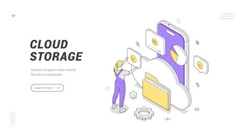 Online file hosting and data backup technology service isometric banner templ Stock Illustration