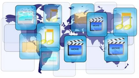 Online file sharing with world map Stock Illustration