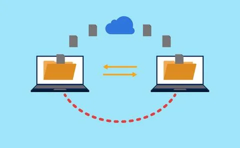 Online files transfer laptop cloud sharing chain Stock Illustration