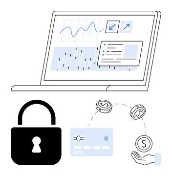 Online Financial Security with Graph Analytics, Credit Card, Lock, and Curr.. Stock Illustration