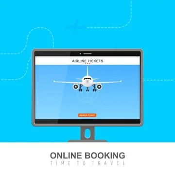 Online flight booking on screen vector illustration Stock Illustration
