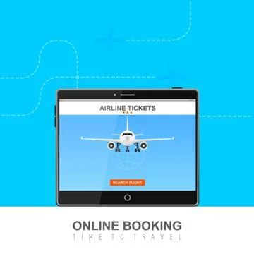 Online flight booking on screen vector illustration Stock Illustration