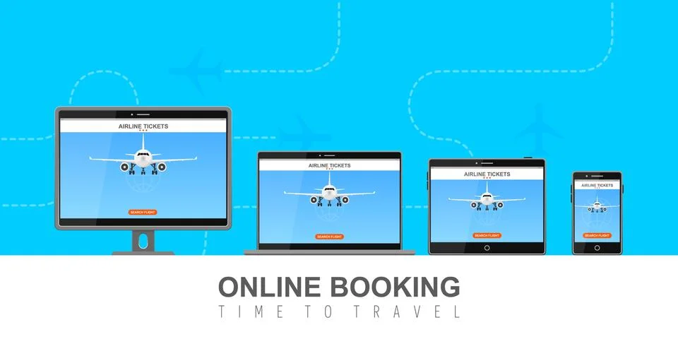 Online flight booking on screen vector illustration Stock Illustration