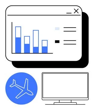 Online flight booking system with bar chart statistics and computer screen Stock Illustration