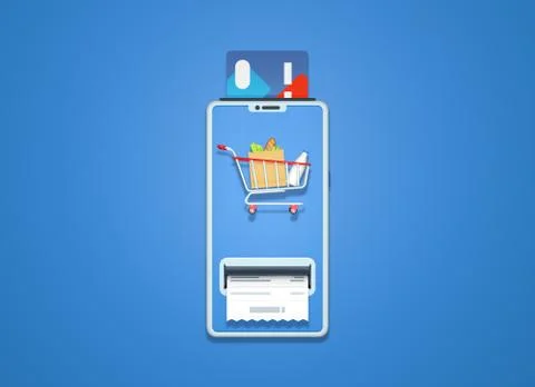 Online food shopping in grocery store with payment via mobile phone. Stock Illustration