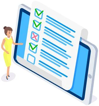 Online form survey on tablet screen. Woman checks blank. Girl thinking about 스톡 일러스트