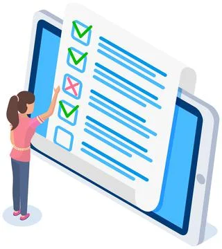 Online form survey on tablet screen. Woman checks blank. Girl thinking about 스톡 일러스트