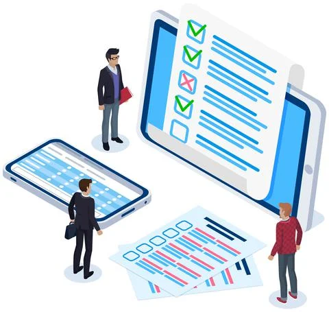 Online form survey on tablet vector illustration. Colleagues at business meeting Illustrazione stock