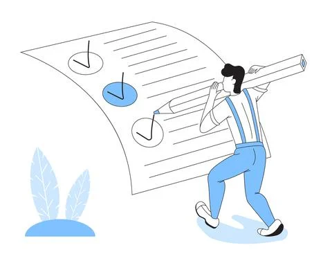 Online form survey vector in doodle style. Man fills quiz, pass exam, complet Stock-Illustration