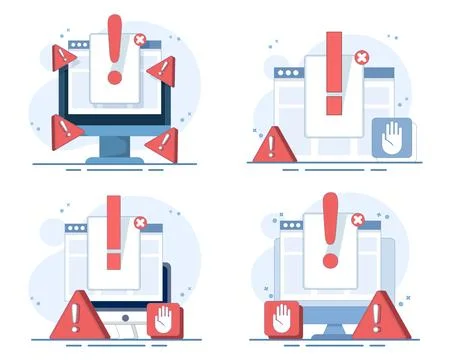Online fraud set, caution message, cyber risk alert, exclamation warning. Stock Illustration