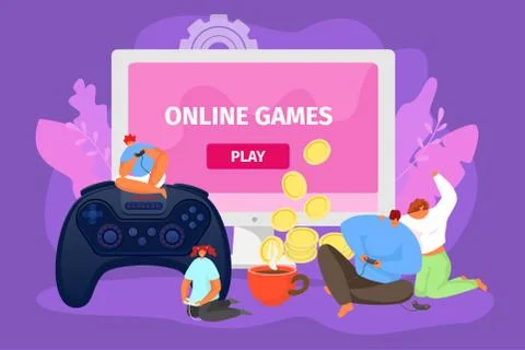 Online games concept, vector illustration. Play at flat computer and console 스톡 일러스트