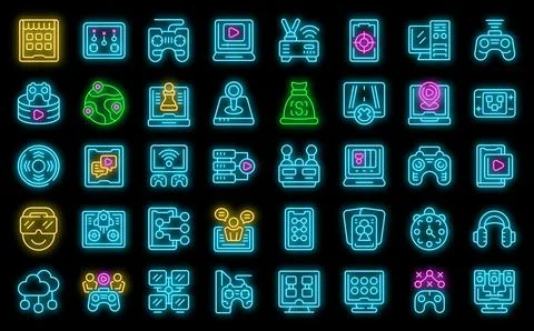 Online games icons set vector neon Stock Illustration