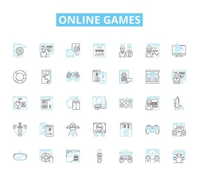 Online games linear icons set. Gaming, Multiplayer, Virtual, Adventure, Action Stock Illustration