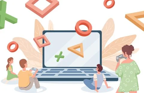 Online gaming vector flat illustration. Playing online games on computer or Stock Illustration