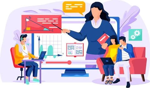 Online geometry class. Teacher explains new mathematical topic. Student is Illustrazione stock