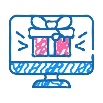 Online gift on computer screen icon doodle illustration Stock Illustration