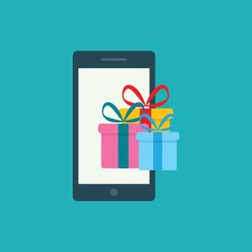 Online gift delibery flat vector mobile phone with gift concept icon  smart d Stock Illustration