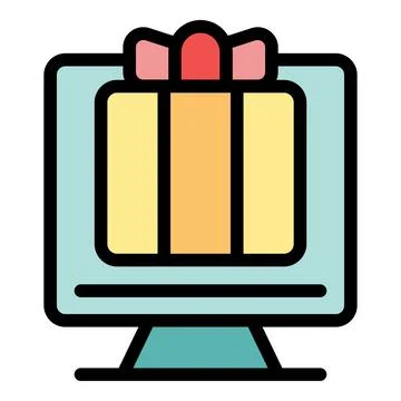 Online gift shopping computer screen icon with present box and ribbon Stock-Illustration