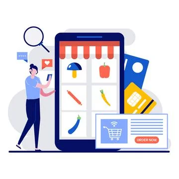 Online grocery application concept with tiny character. People buys food ov.. Stock Illustration