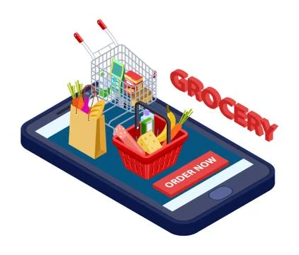 Online grocery concept. Vector mobile app for grocery store with food Stock Illustration