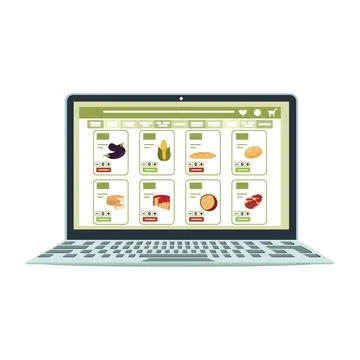 Online grocery shopping app interface on laptop screen for convenient food .. イラスト素材