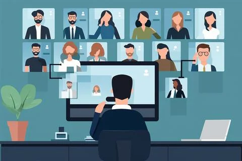 Online group communication tiny person concept. Stock Illustration