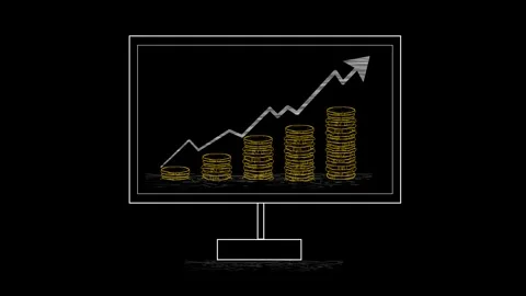 Online Growth Concept with growing stack of money coins in computer screen,.. Stock Footage 305709701