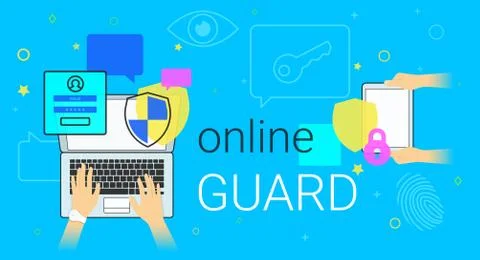Online guard app on laptop creative concept vector illustration Stock Illustration