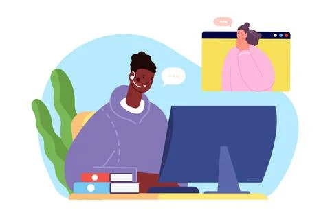 Online help center. Man from support service chatting with girl. Distance Stock Illustration