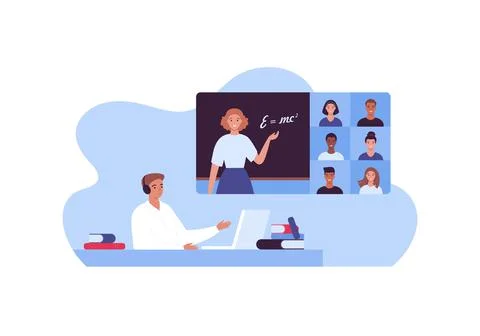 Online home education concept. Vector flat people illustration. Teacher with  Stock Illustration