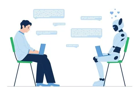 Online interaction between robot and human in chat, customer and bot typing Stock Illustration