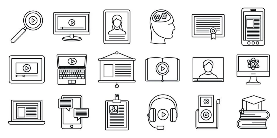 Online interactive learning icons set, outline style Stock Illustration