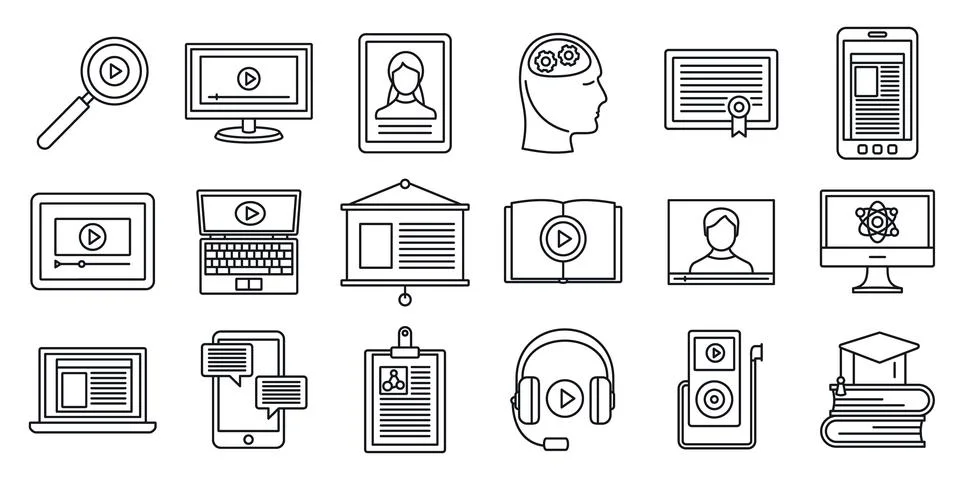 Online interactive learning icons set, outline style Stock Illustration