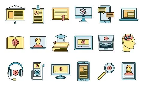 Online interactive learning icons set vector color Stock Illustration
