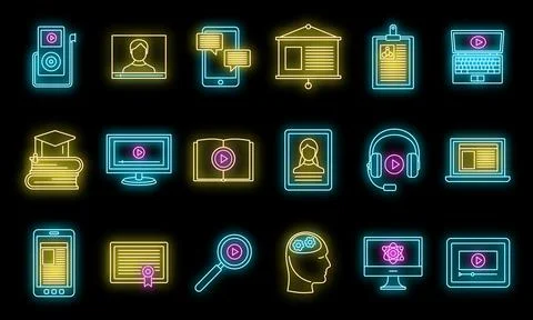 Online interactive learning icons set vector neon 스톡 일러스트