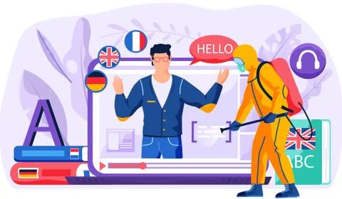 Online Internet language courses. Foreign speech study at home. Man teacher Illustrazione stock