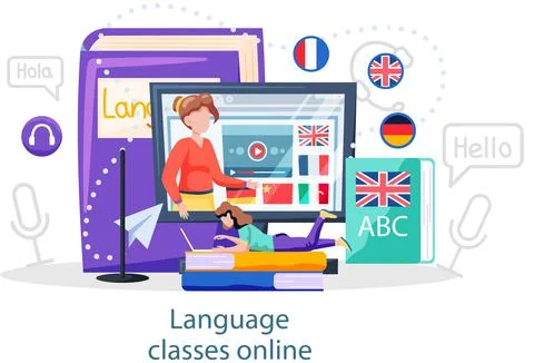 Online internet language courses. Foreign speech study at home using computer 스톡 일러스트