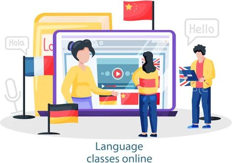 Online internet language courses. Foreign speech study at home using computer Stock Illustration