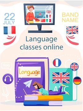 Online internet language courses. Foreign speech study at home using computer 스톡 일러스트