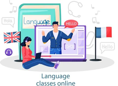 Online internet language courses. Foreign speech study at home using computer 스톡 일러스트