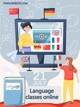 Online internet language courses. Foreign speech study at home using computer 스톡 일러스트