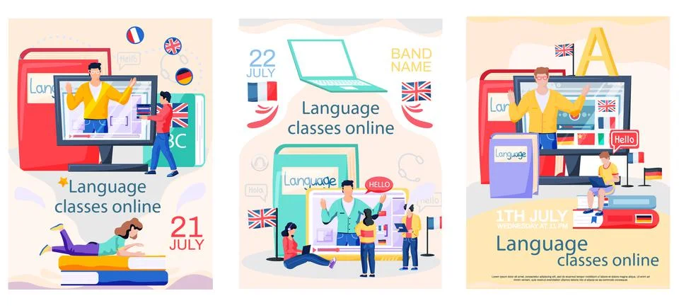 Online internet language courses. Foreign speech study at home using computer Stock Illustration