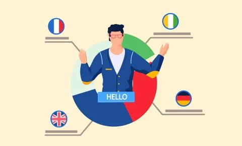 Online Internet language courses. Man teacher leads a lesson, conducts a Illustrazione stock